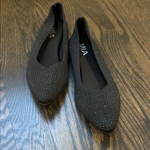 MIA Black Pointed-Toe Knit Flats with Rhinestone Detail